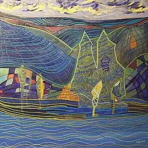 NECMETTİN ÖZLÜ tarafından 2017 yılında 70x70 cm ölçülerinde Tuvale üzeri akrilik boya boya tekniği ile yapılmıştır.