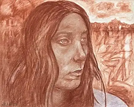 NECMETTİN ÖZLÜ tarafından 2025 yılında 24x30 cm ölçülerinde Kağıt üzeri sanguine, tuvale marufle tekniği ile yapılmıştır.