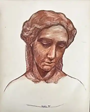 NECMETTİN ÖZLÜ tarafından 2025 yılında 30x24 cm ölçülerinde Kağıt üzeri sanguine, tuvale marufle tekniği ile yapılmıştır.