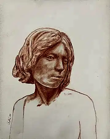 NECMETTİN ÖZLÜ tarafından 2025 yılında 30x24 cm ölçülerinde Kağıt üzeri sanguine, tuvale marufle tekniği ile yapılmıştır.