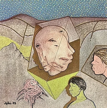 NECMETTİN ÖZLÜ tarafından 2025 yılında 40x40 cm ölçülerinde Tuval üzeri karışık teknik tekniği ile yapılmıştır.