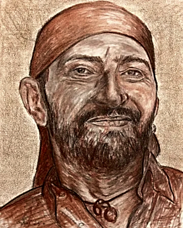 NECMETTİN ÖZLÜ tarafından 2025 yılında 30x24 cm ölçülerinde Kağıt üzeri sanguine ve kurşun kalem, tuvale marufle tekniği ile yapılmıştır.