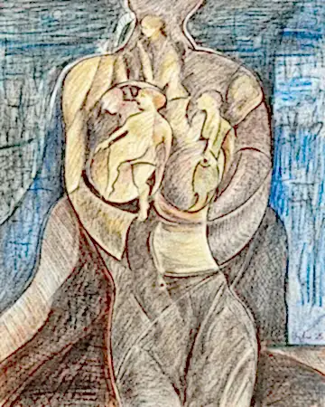 NECMETTİN ÖZLÜ tarafından 2025 yılında 30x24 cm ölçülerinde Kağıt üzeri kurşun kalem, kuru boya, tuvale marufle tekniği ile yapılmıştır.