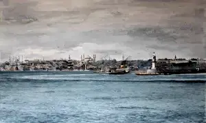 HASAN SAYGIN tarafından 74x46 cm ölçülerinde Kağıt üzeri sulu boya tekniği ile yapılmıştır.