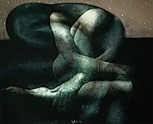 NECMETTİN ÖZLÜ tarafından 2015 yılında 48x59 cm ölçülerinde Hahnemühle kağıt üzeri karışık teknik tekniği ile yapılmıştır.