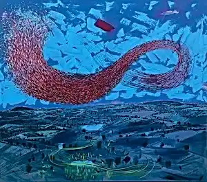 TAMER BİLGİÇ tarafından 140x160 cm ölçülerinde Tuval üzeri akrilik boya tekniği ile yapılmıştır.